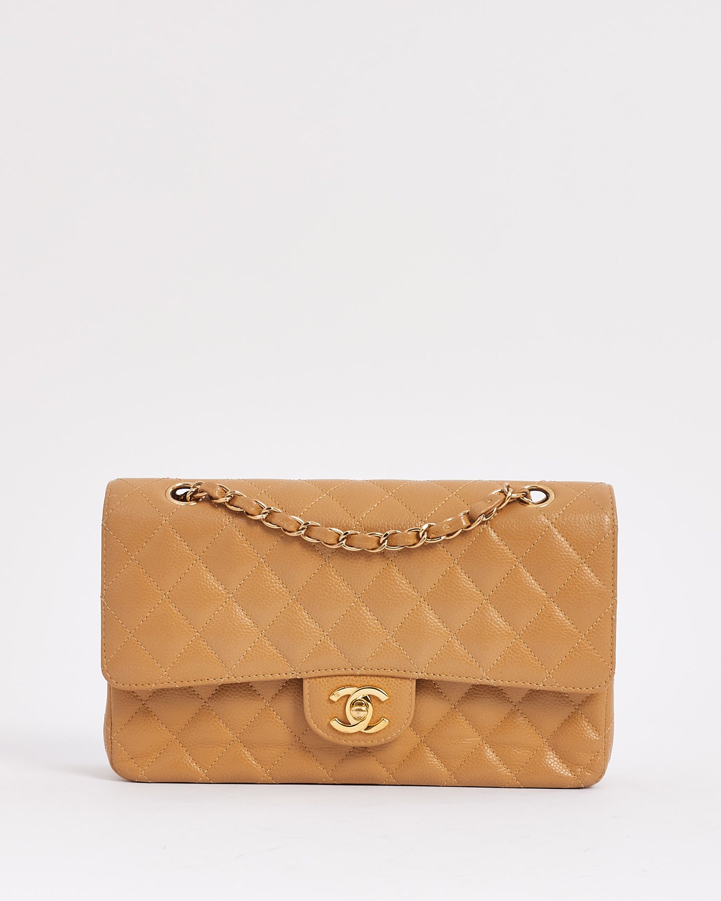 Sac Chanel Vintage Beige Caviar Classic à Double Rabat avec Quincaillerie Dorée