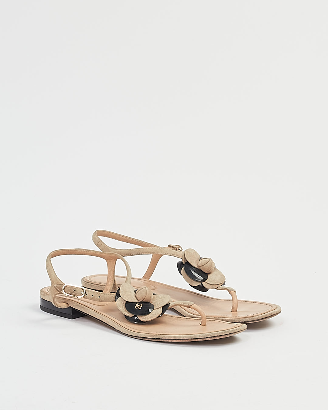 Chanel Beige/Black Camelia Flower Sandals - 38.5