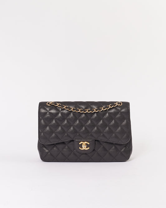 Chanel Black Caviar Quilted Leather Jumbo Double Flap Bag GHW
