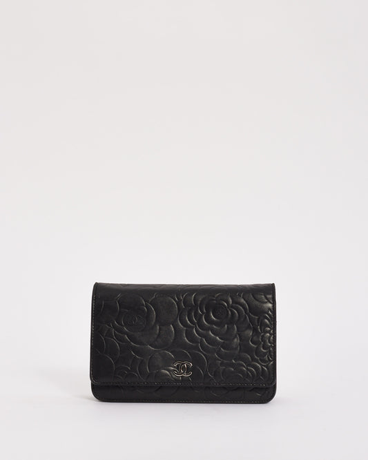 Chanel Black Lambskin Leather Camellia Embossed Wallet on Chain