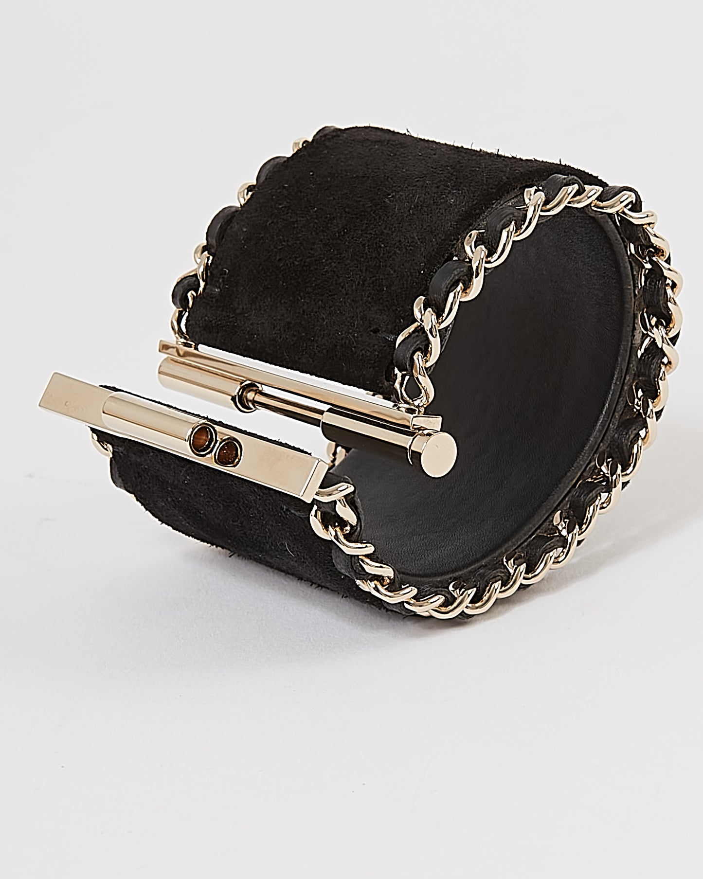 Chanel Black & Gold Tone Logo Suede Cuff Bracelet