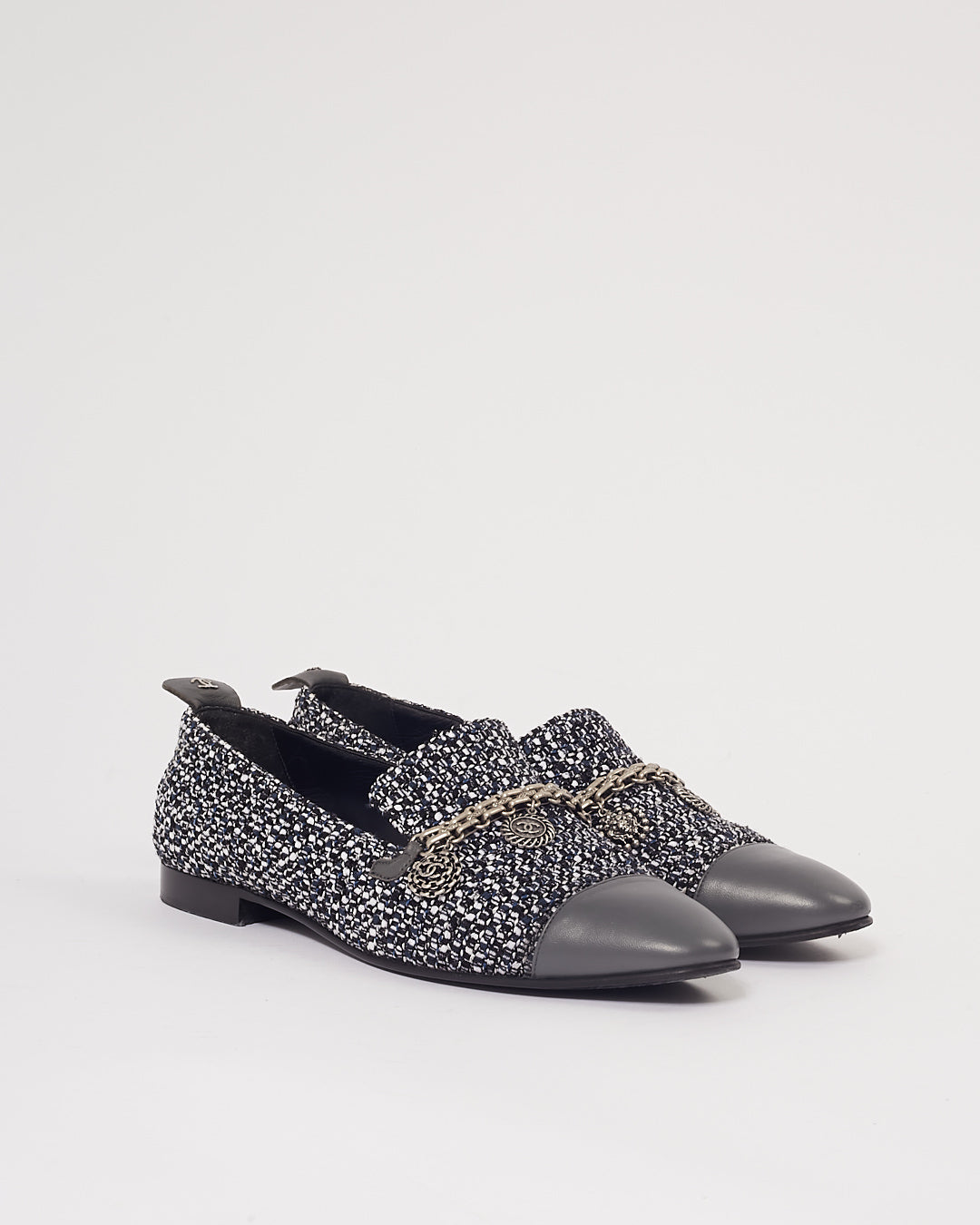 Chanel Blue Tweed CC Detail Chain Loafers - 39