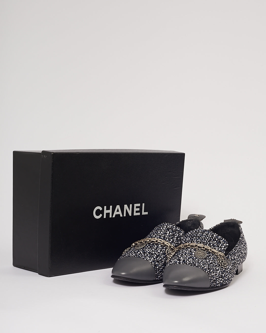 Chanel Blue Tweed CC Detail Chain Loafers - 39