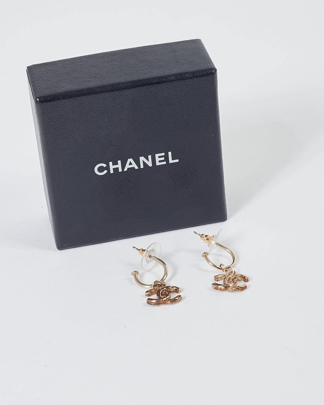 Chanel Gold Tone CC Logo Pendant Earrings