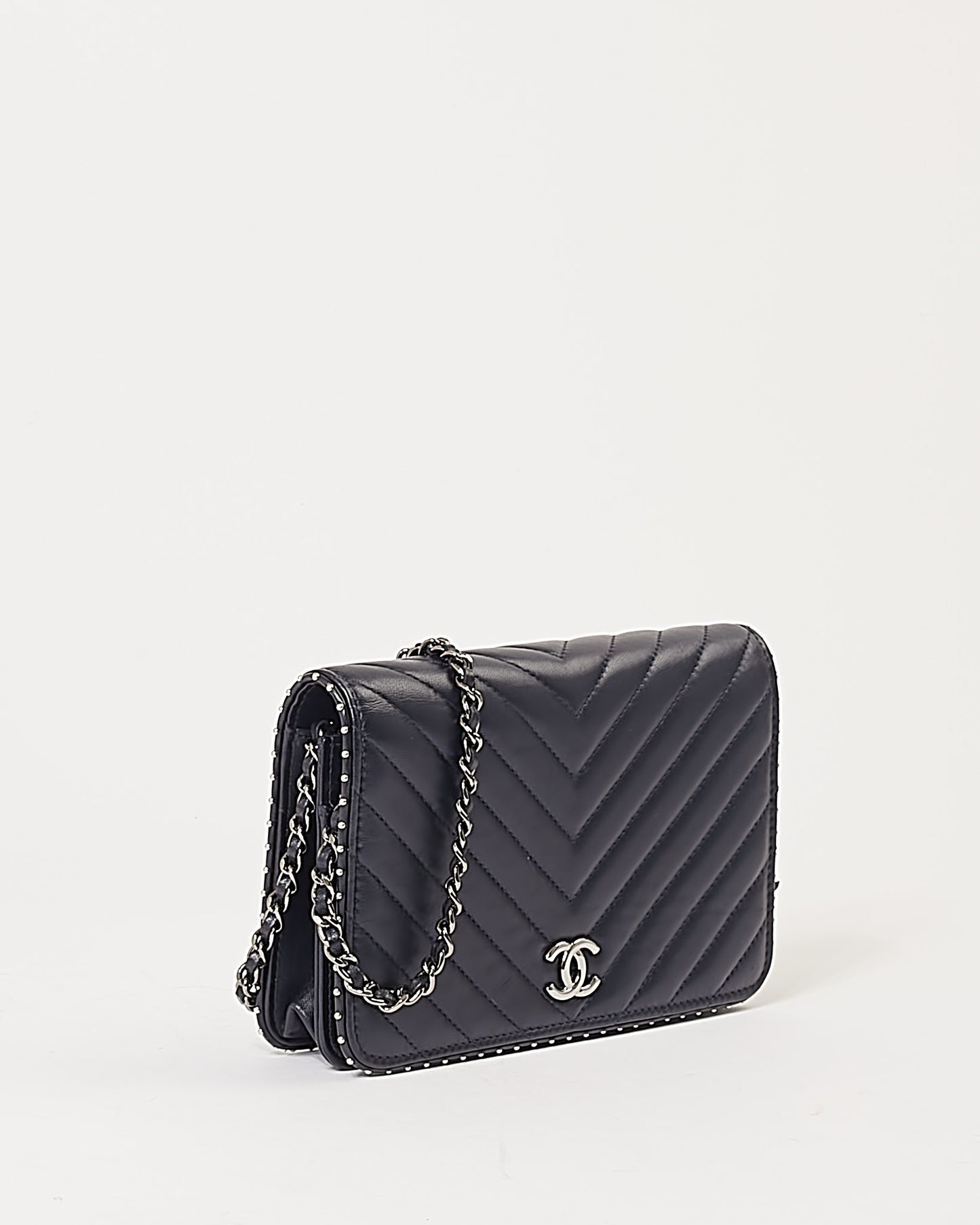 Chanel Navy Metallic Chevron Lambskin Studded Wallet On Chain