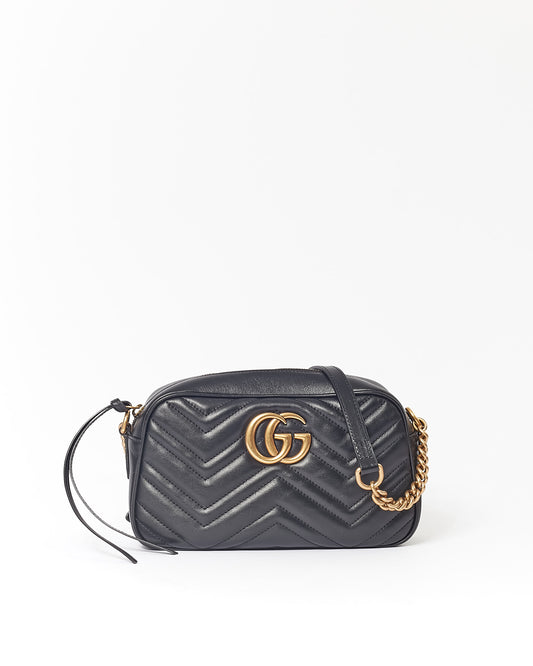 Gucci Black Leather Matelasse GG Marmont Camera Small Bag