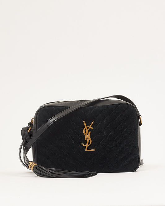 Saint Laurent Black Suede Chevron Lou Monogram Camere Bag