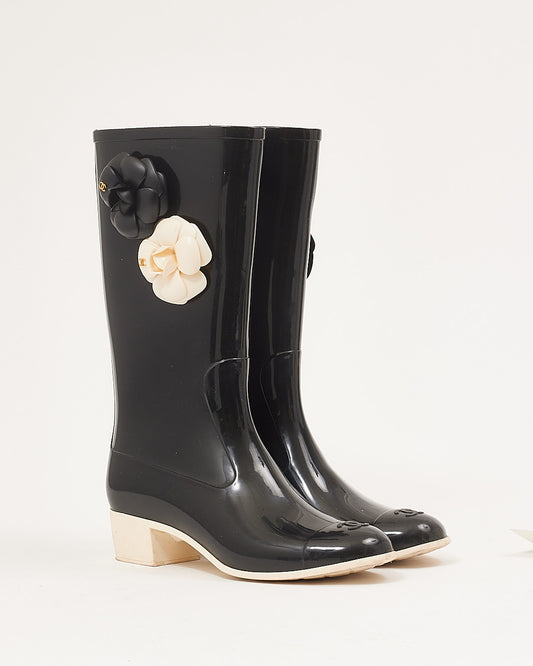 Chanel Black/Cream Rubber Rain Camellia Boots - 40