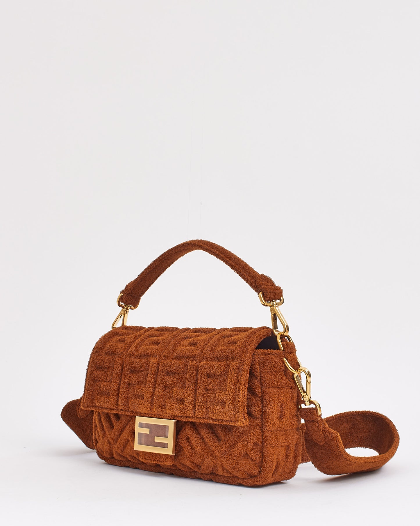 Fendi Brown Terry Cloth Fabric Baguette Bag with Shoulder Strap