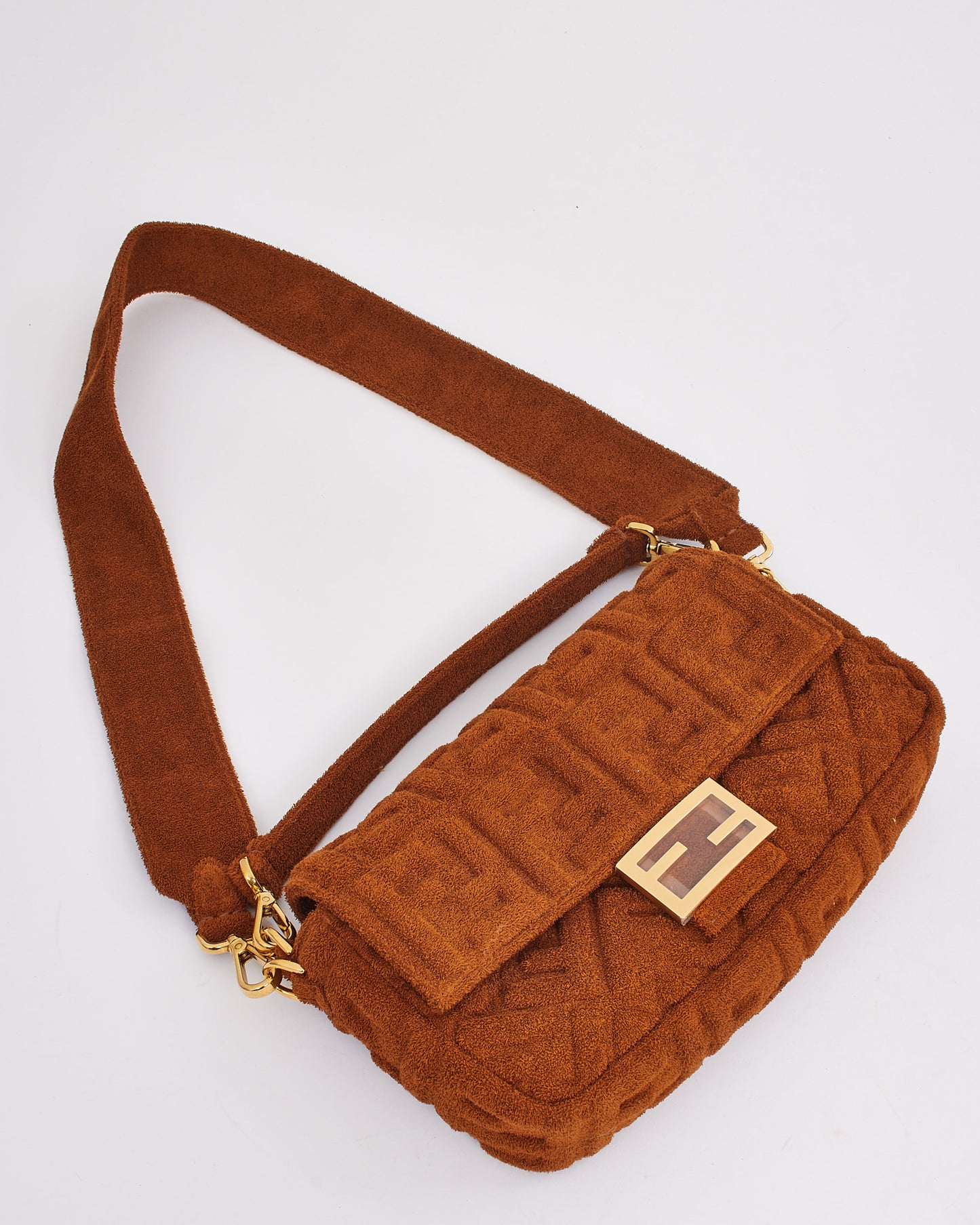 Fendi Brown Terry Cloth Fabric Baguette Bag with Shoulder Strap