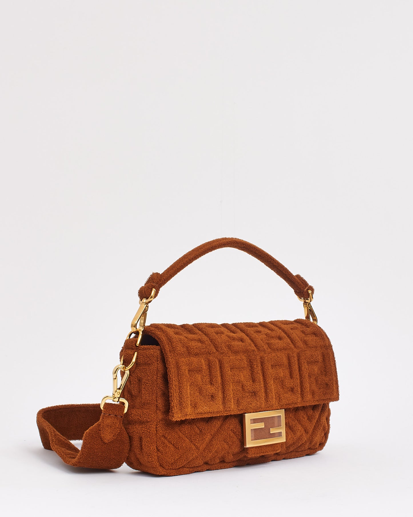 Fendi Brown Terry Cloth Fabric Baguette Bag with Shoulder Strap