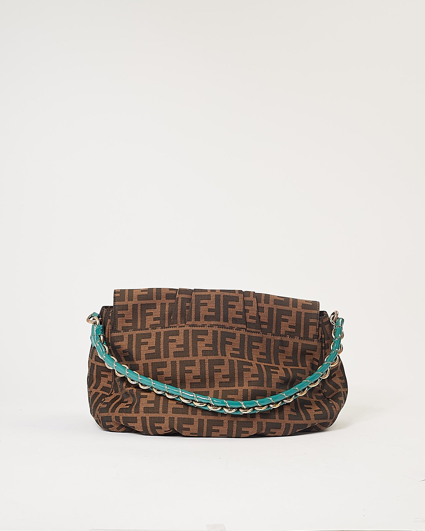 Fendi Zucca Canvas Turquoise Patent Leather Braided Mia Shoulder Bag