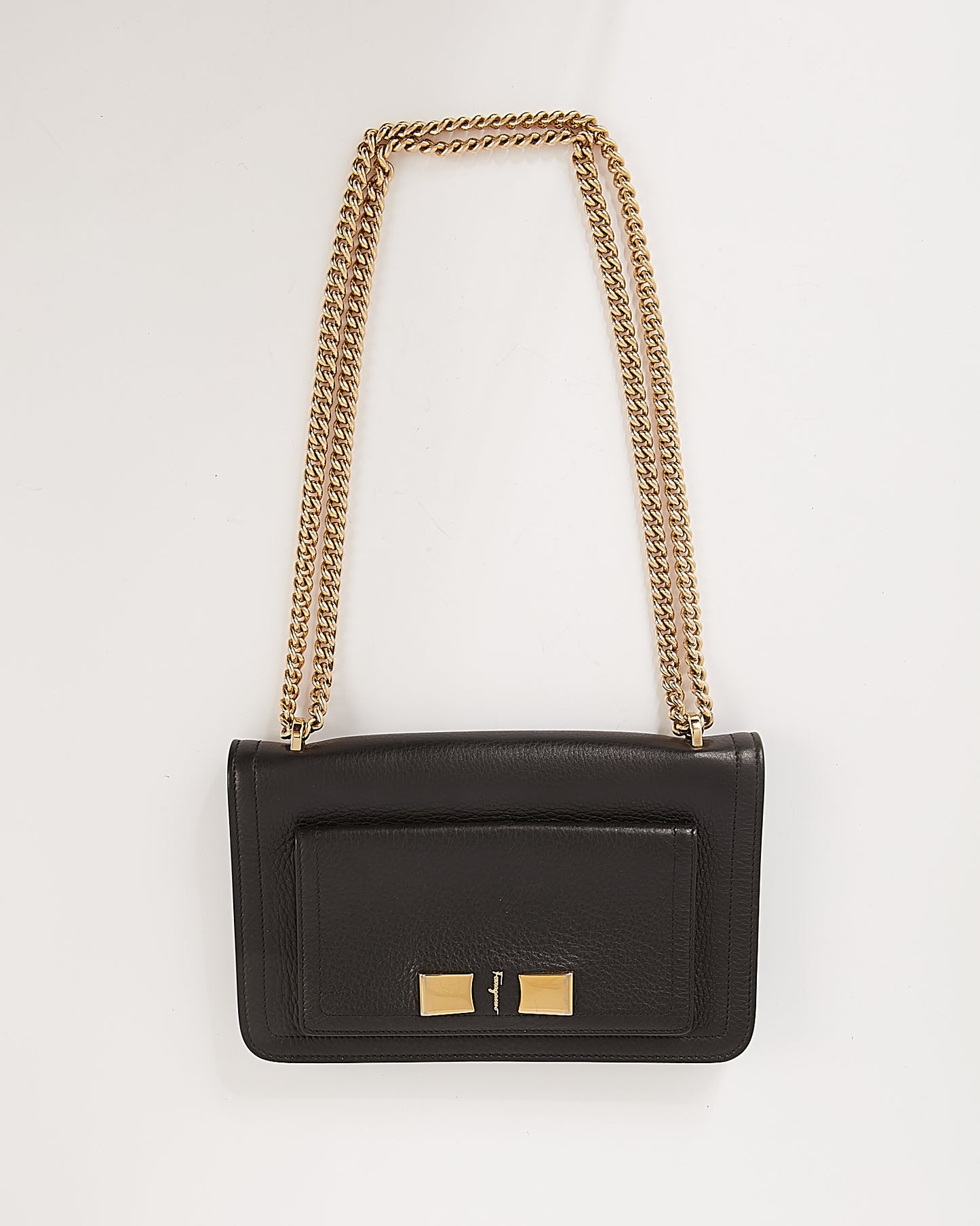 Ferragamo Black Leather Flap Shoulder Chain Bag