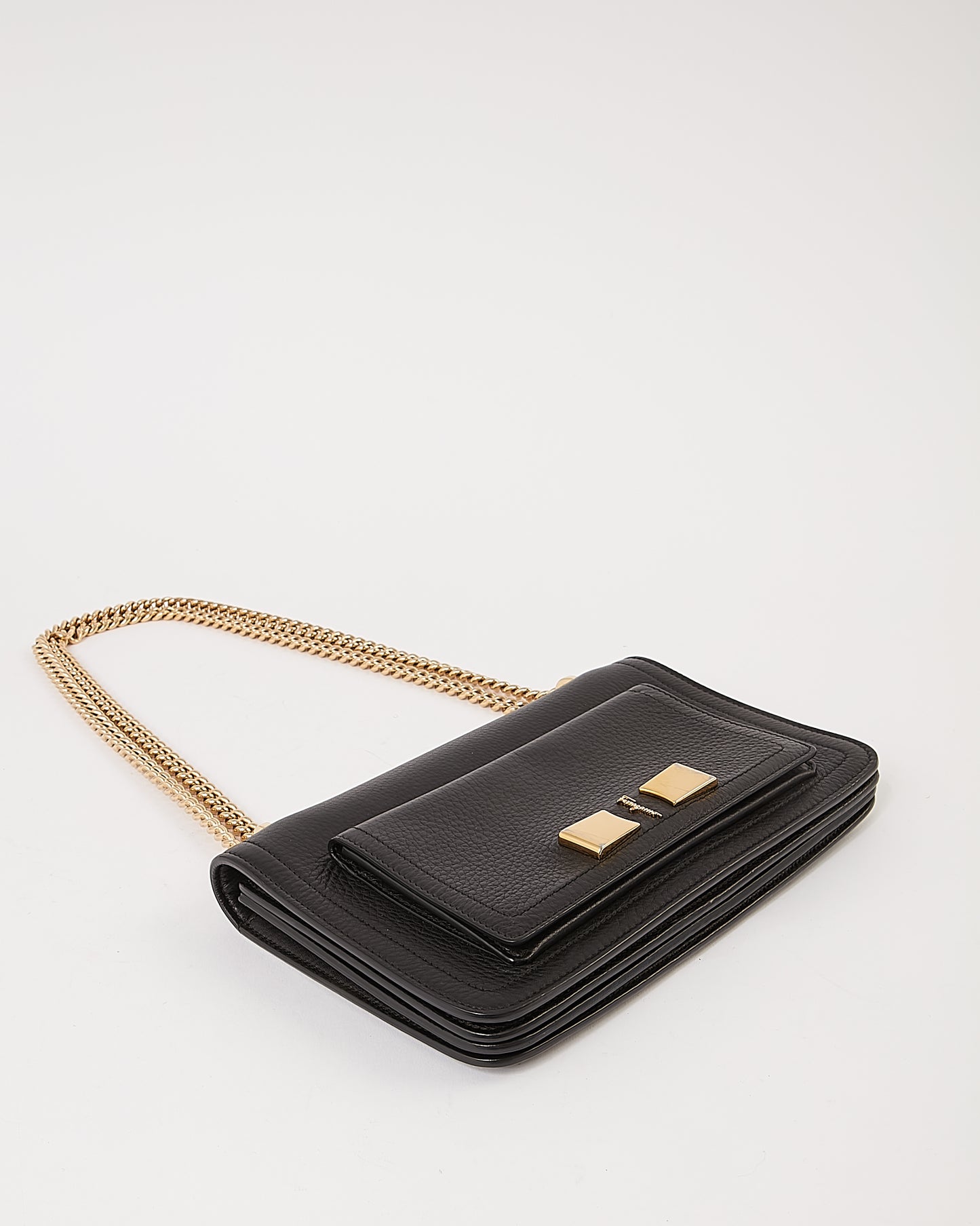 Ferragamo Black Leather Flap Shoulder Chain Bag