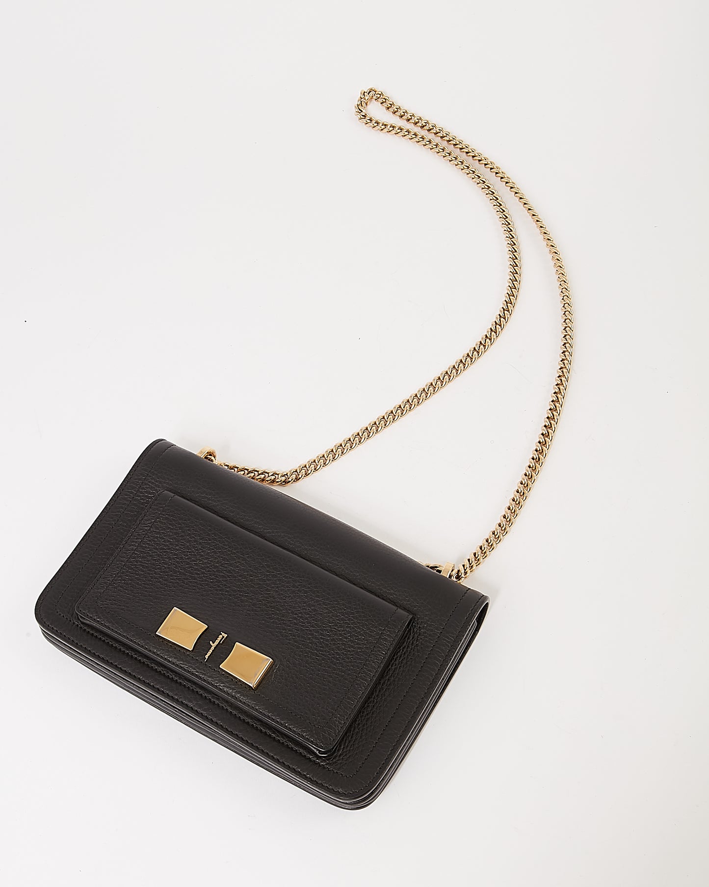 Ferragamo Black Leather Flap Shoulder Chain Bag