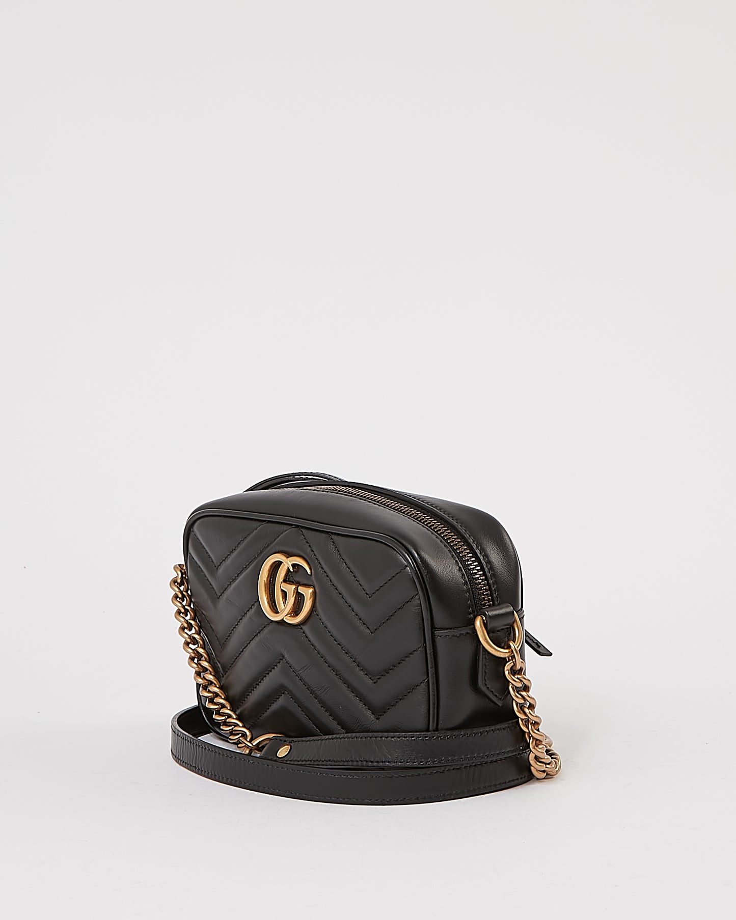 Gucci Black Leather Chevron Matelasse GG Marmont Camera Mini Bag