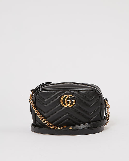 Mini sac pour appareil photo Gucci en cuir noir Chevron Matelasse GG Marmont