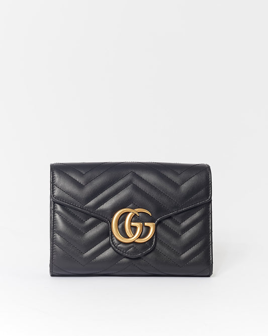 Portefeuille Gucci Noir GG Marmont Matelasse Chevron Sur Chaîne