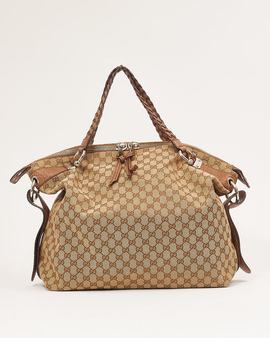 Sac fourre-tout en bambou XL en toile beige Gucci GG