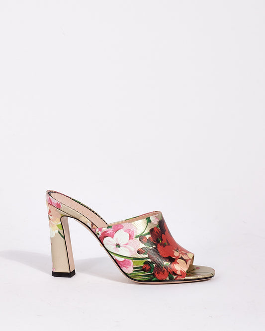 Gucci Gold Blooms Floral Mule Heeled Sandals - 37