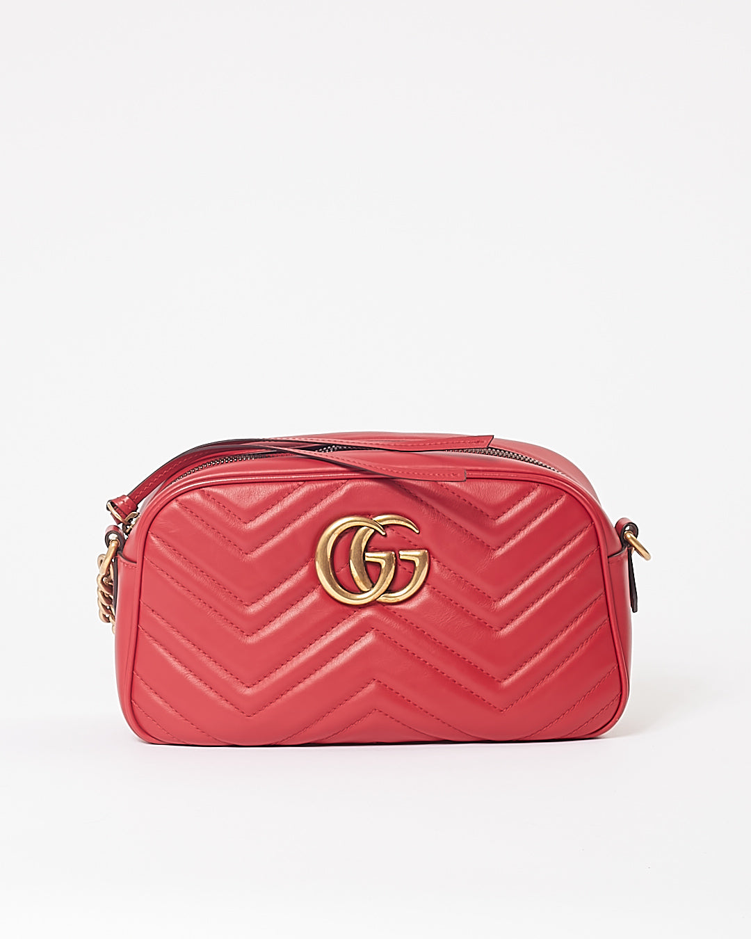 Gucci Red Leather Chevron Matelasse GG Marmont Small Camera Bag