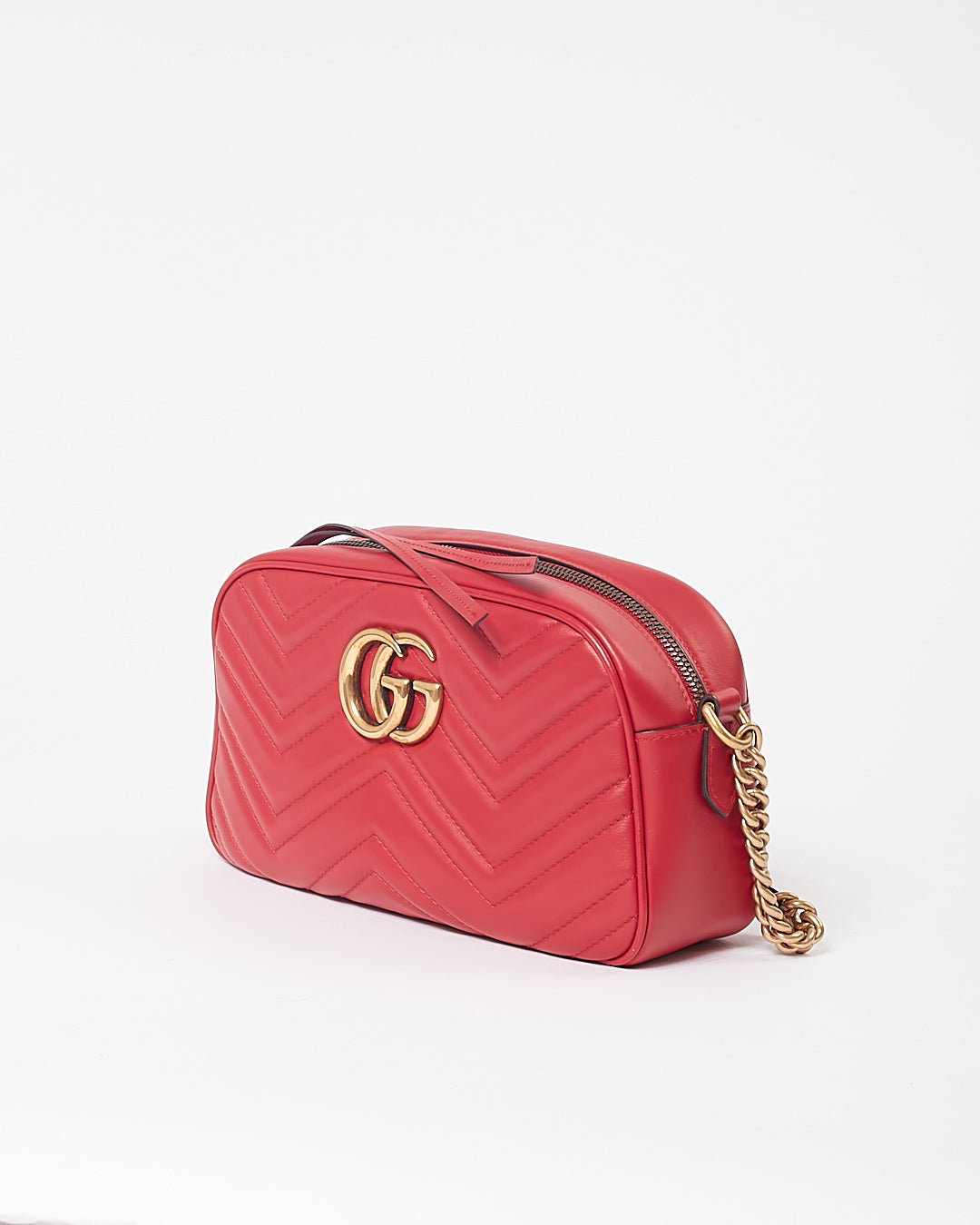 Gucci Red Leather Chevron Matelasse GG Marmont Small Camera Bag