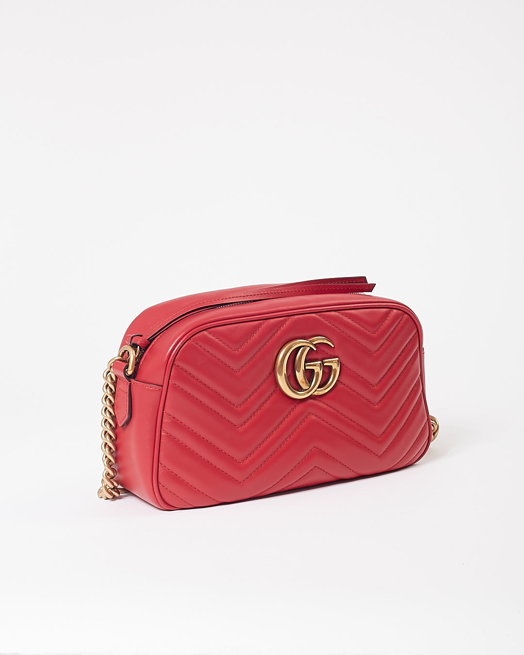 Gucci Red Leather Chevron Matelasse GG Marmont Small Camera Bag