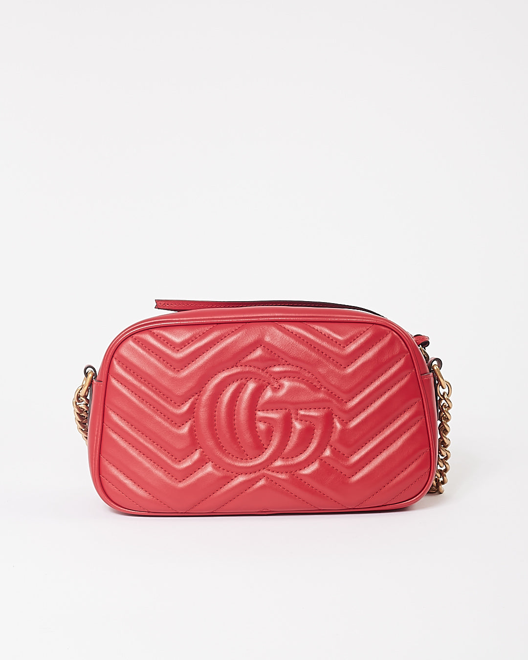 Gucci Red Leather Chevron Matelasse GG Marmont Small Camera Bag