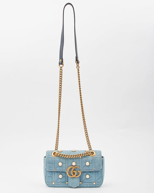 Gucci Blue Denim Matelasse Marmont GG Small Chain Bag