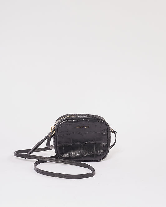 Sac bandoulière en cuir embossé croco noir McQueen