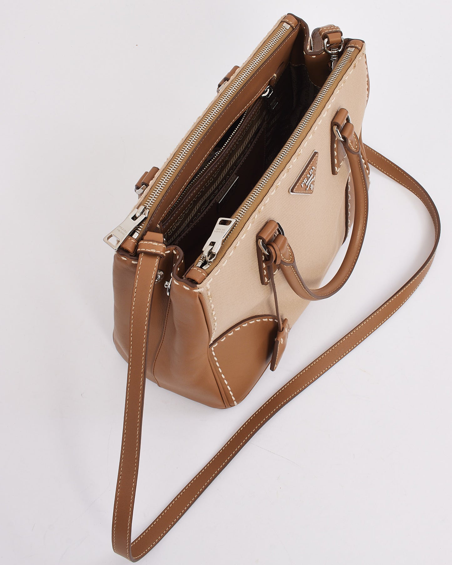 Prada Beige Leather and Canvas Double Zip Galleria Lined City Stitch Tote