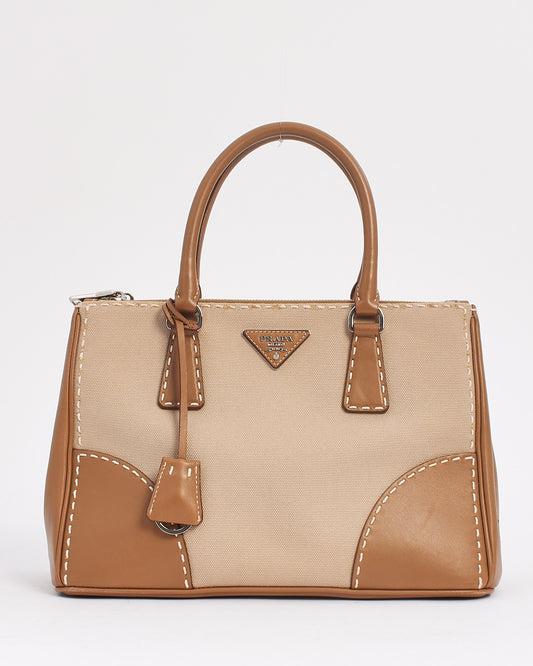 Prada Beige Leather and Canvas Double Zip Galleria Lined City Stitch Tote