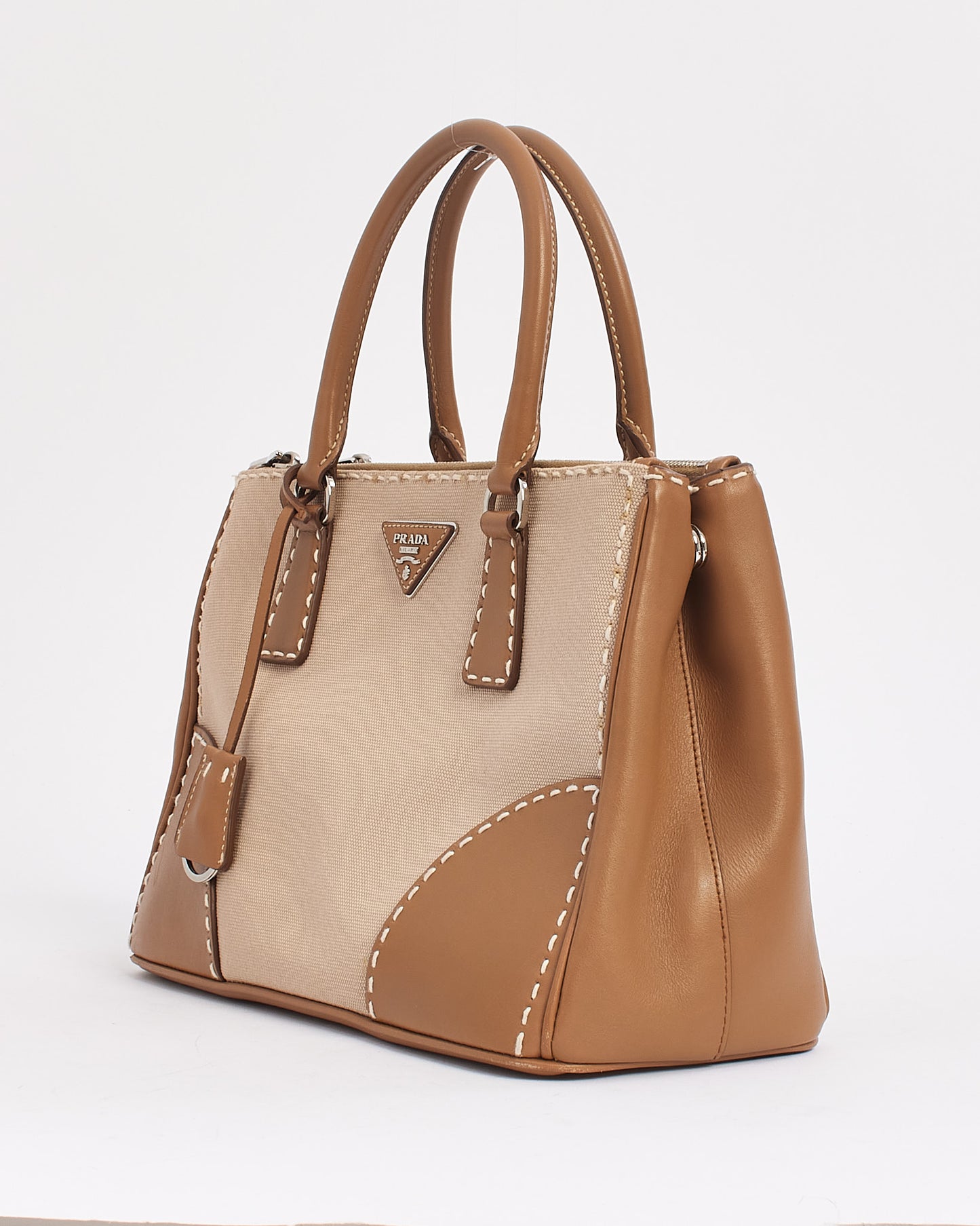 Prada Beige Leather and Canvas Double Zip Galleria Lined City Stitch Tote