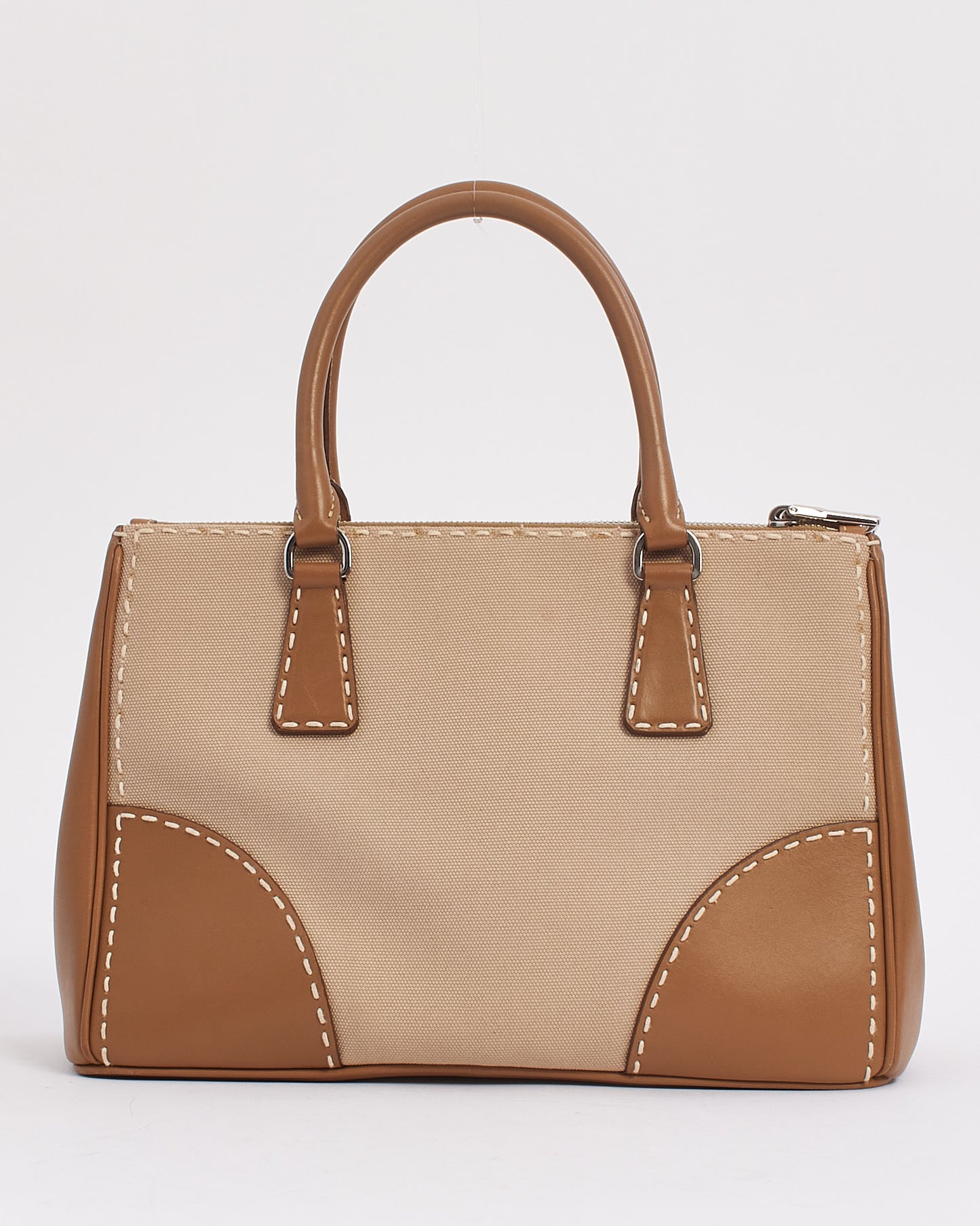 Prada Beige Leather and Canvas Double Zip Galleria Lined City Stitch Tote