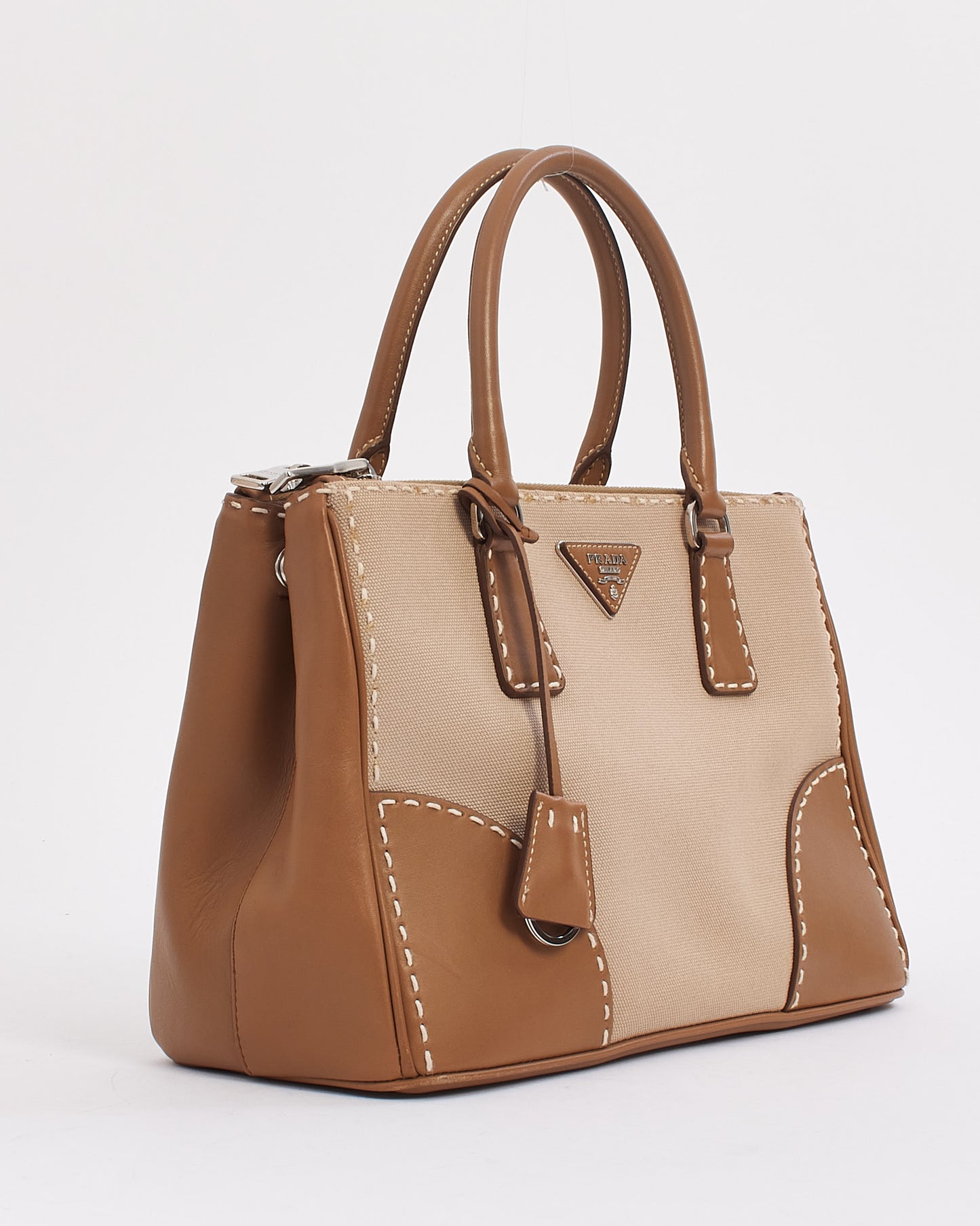 Prada Beige Leather and Canvas Double Zip Galleria Lined City Stitch Tote