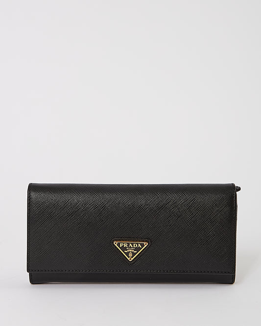 Portefeuille à rabat continental en cuir saffiano noir Prada