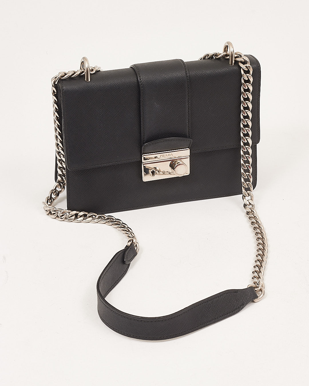 Prada Black Saffiano Leather Padlock Chain Crossbody Bag