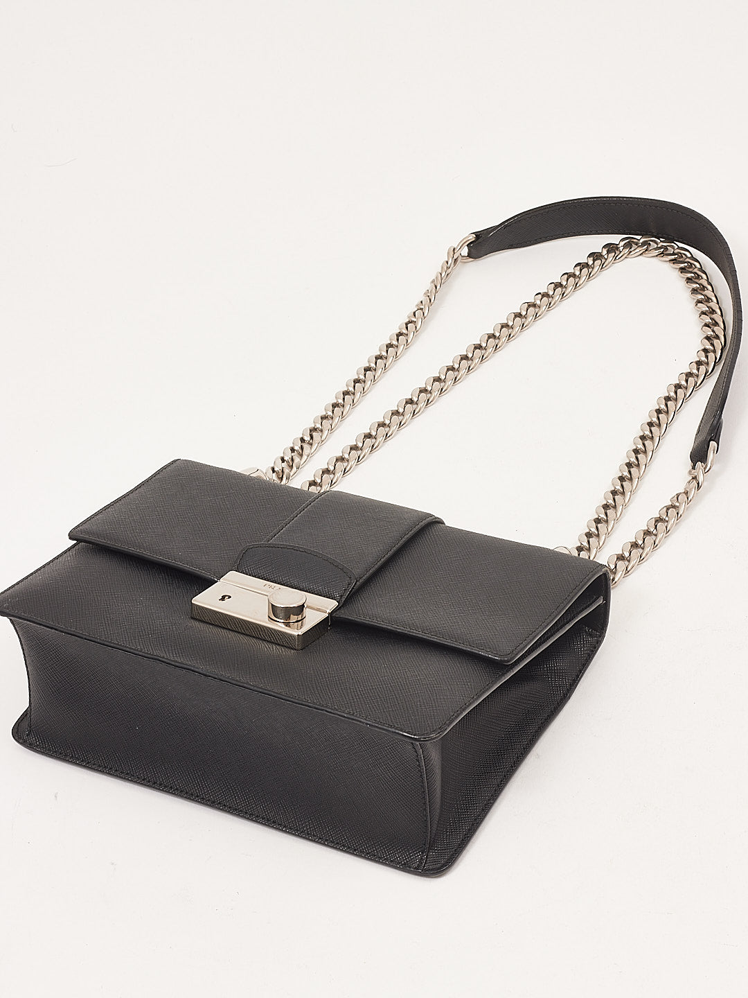 Prada Black Saffiano Leather Padlock Chain Crossbody Bag