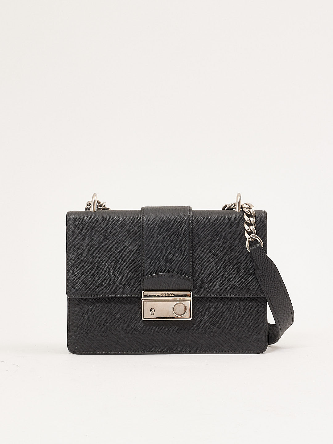 Prada Black Saffiano Leather Padlock Chain Crossbody Bag