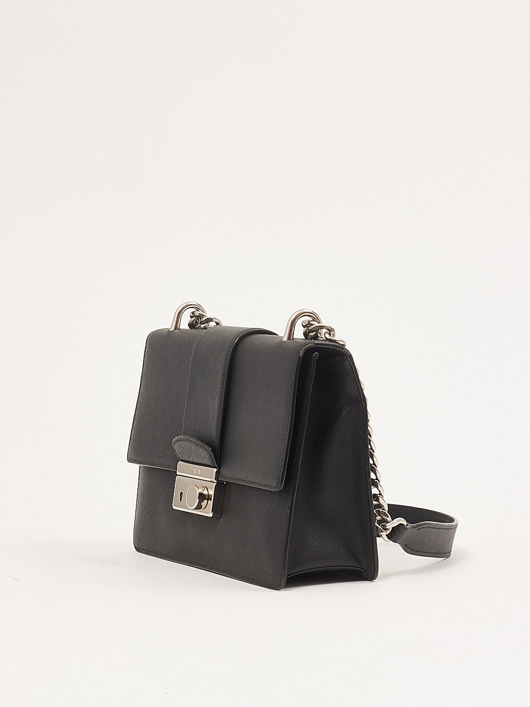 Prada Black Saffiano Leather Padlock Chain Crossbody Bag