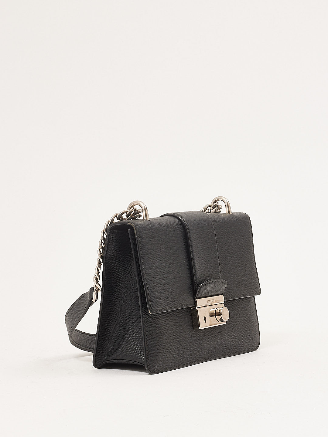 Prada Black Saffiano Leather Padlock Chain Crossbody Bag