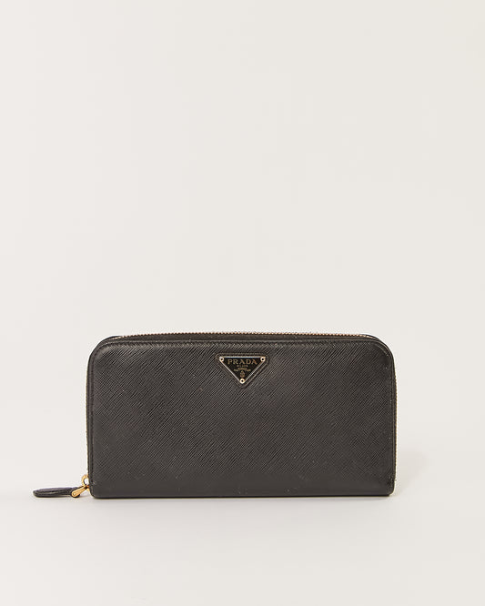 Portefeuille zippé en cuir saffiano noir Prada