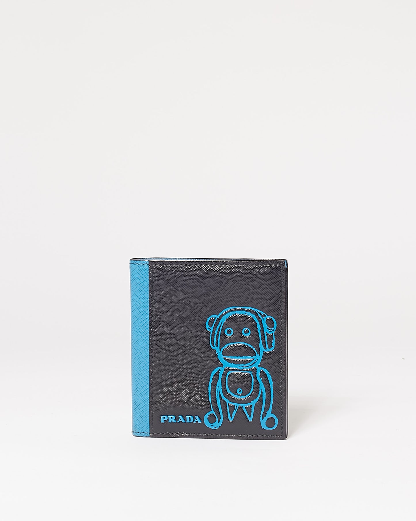 Portefeuille Prada Malia Monkey en cuir saffiano noir et bleu