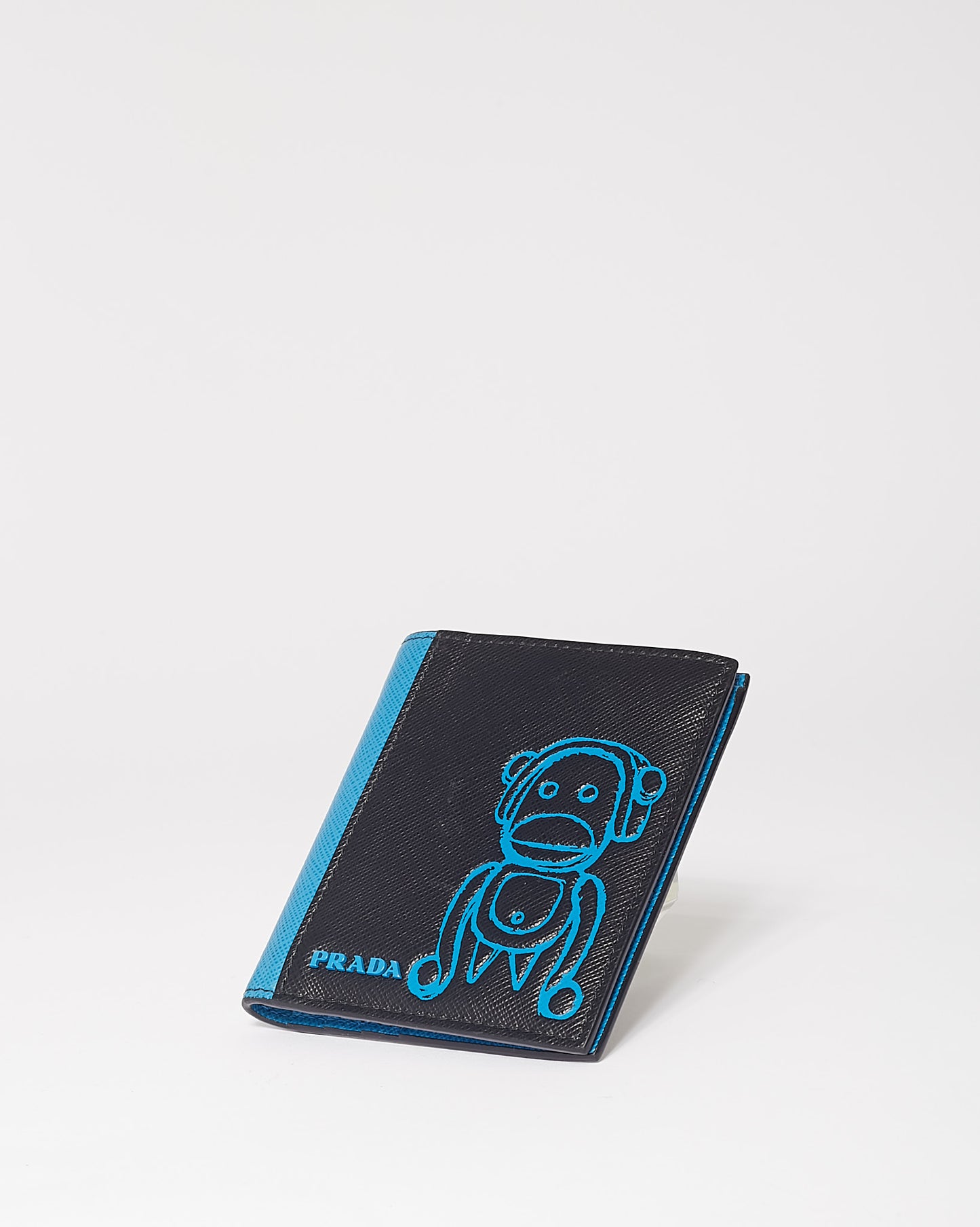 Portefeuille Prada Malia Monkey en cuir saffiano noir et bleu