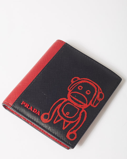 Portefeuille Prada Malia Monkey en cuir saffiano noir et rouge 