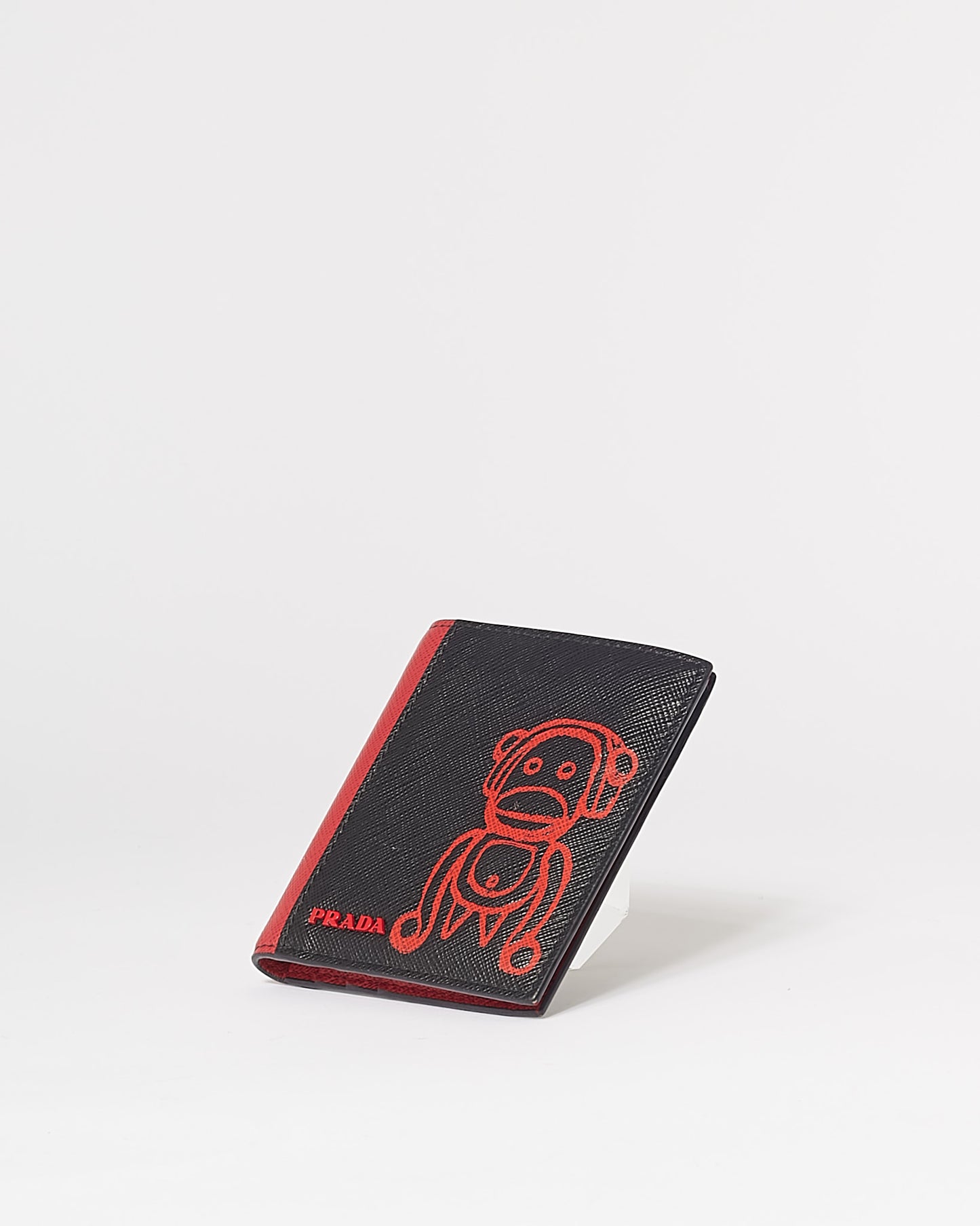 Portefeuille Prada Malia Monkey en cuir saffiano noir et rouge 