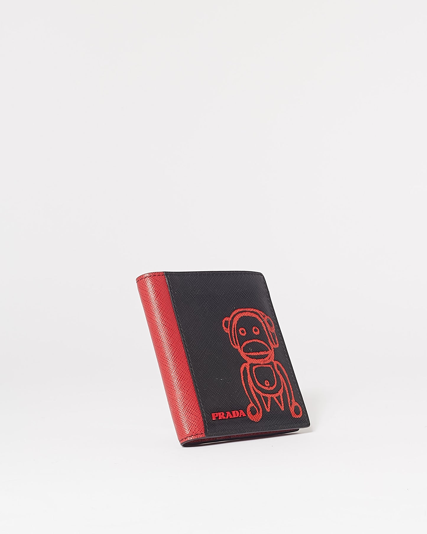 Portefeuille Prada Malia Monkey en cuir saffiano noir et rouge 