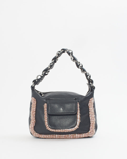 Chanel Black Leather Tweed Trim Wide Chain Shoulder Bag