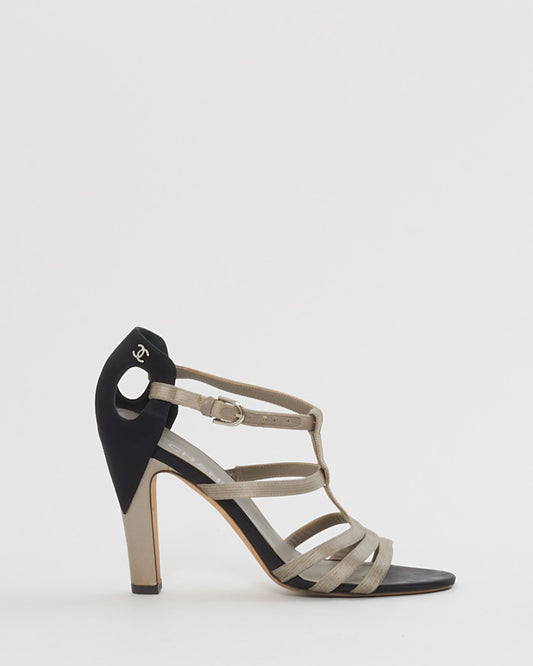 Sandales à talons en satin noir et gris Chanel-38,5