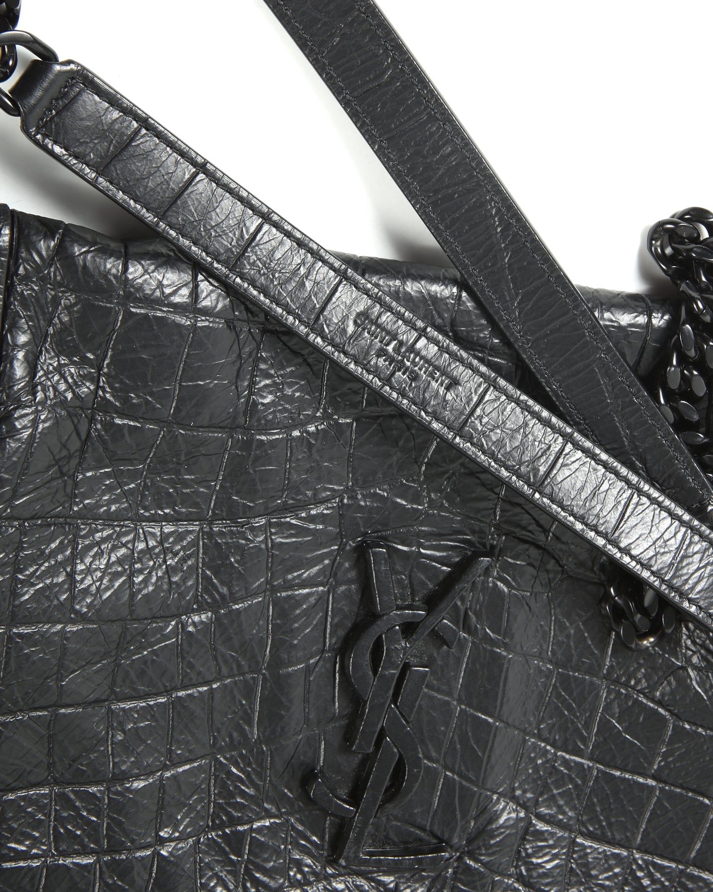 Saint Laurent All Black Croc Nubuck Embossed Leather Niki Medium Chain Bag